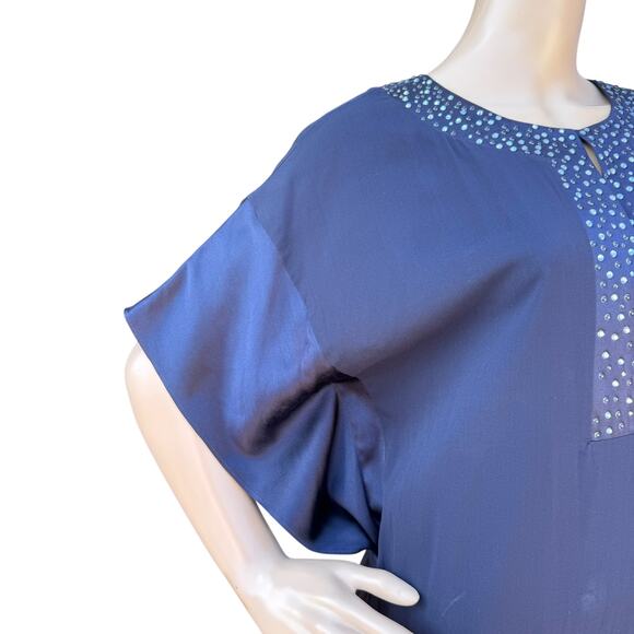 St. John Evening 8 Navy Silk Embellished Jeweled Maxi Dress Batwing Sleeve - Picture 4 of 8